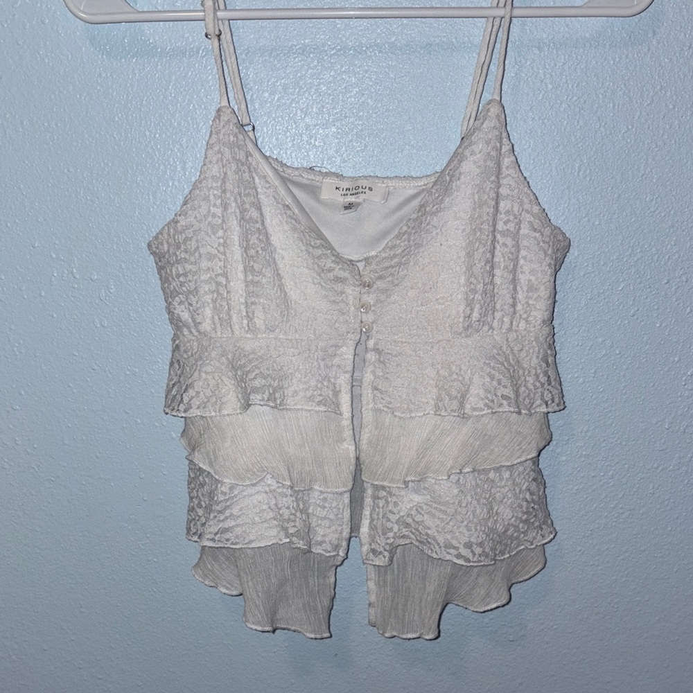KIRIOUS LOS ANGELES Elegant White tiered Lace Ruffle Tank Top